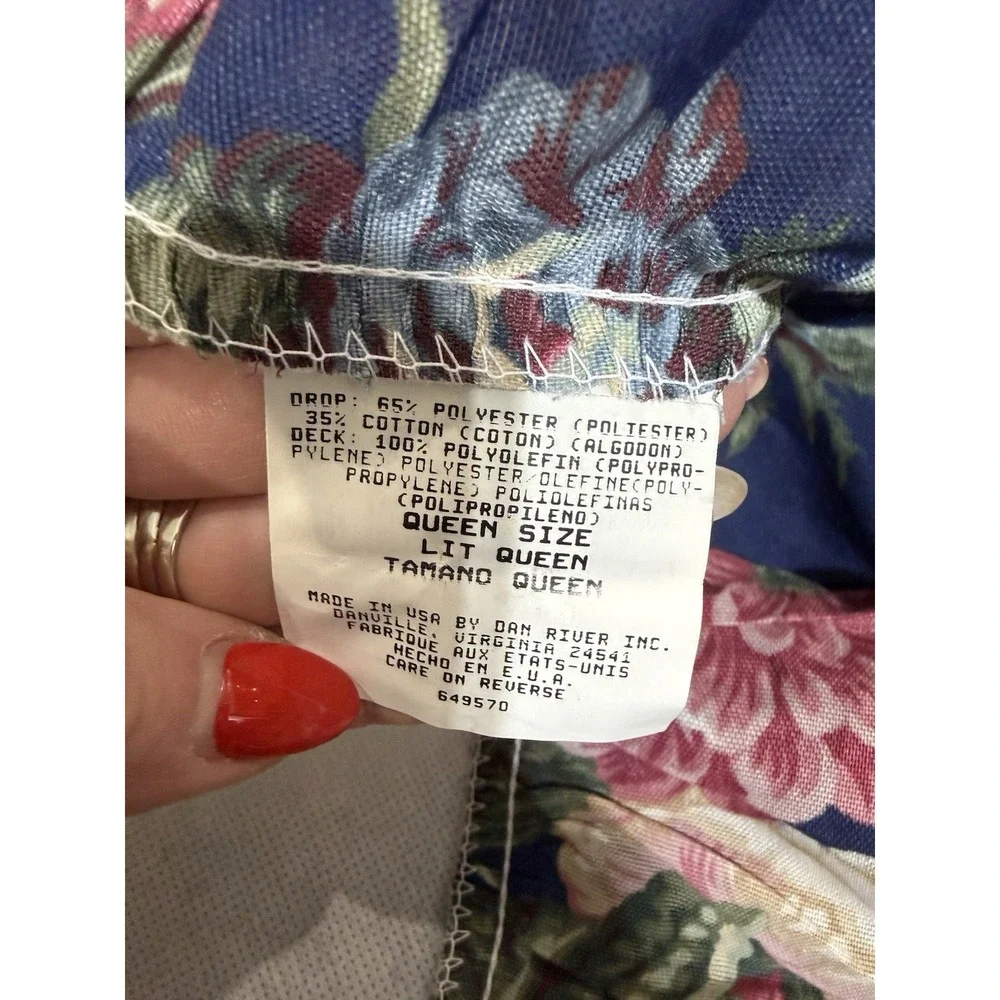 VTG Dan River Bedskirt Queen Navy Blue‎ Pink Rose Floral Gatehouse 90s USA Clean
